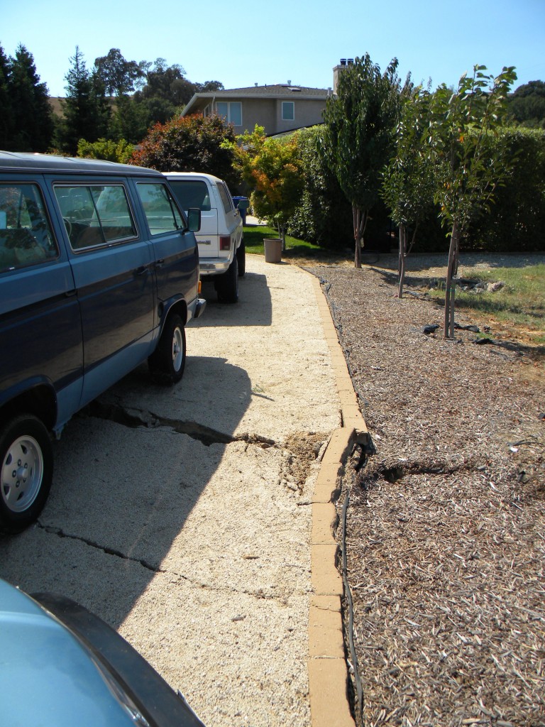 The surface rupture offset kerb stones to the right by about 10-20 cm. This relative motion is consistent with the right-lateral strike-slip faulting in this earthquake. This photo is taken at the northern end of the fault rupture, on the West side of Napa. Photo credit: Austin Elliott, UC Davis.